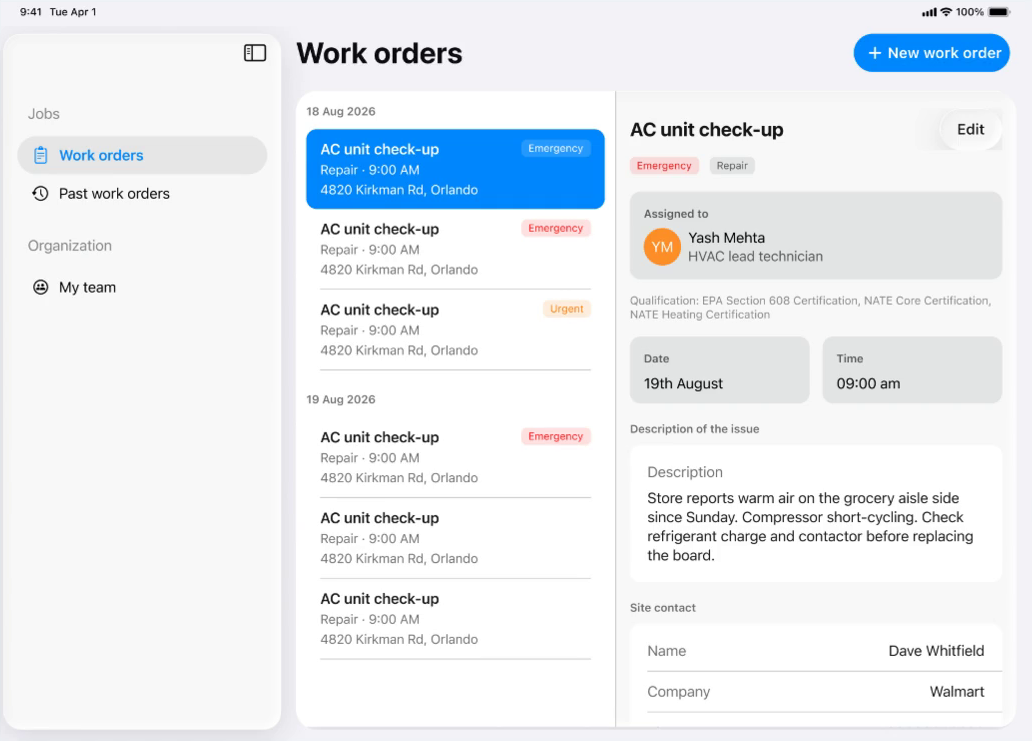 Dispatch console showing a work order with the assigned technician and their certifications