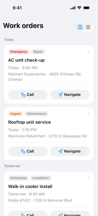 Technician job list with Emergency and Urgent priority tags